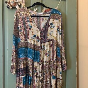 Ces Femme Floral and Stripe Dress with Pink and Blue Accents